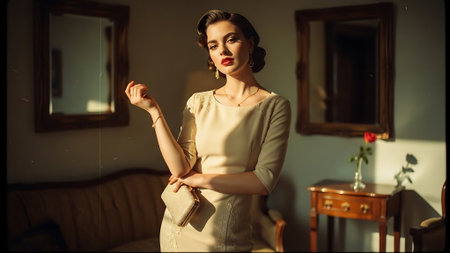 Portrait of a beautiful young woman in the interior. Retro style.の素材