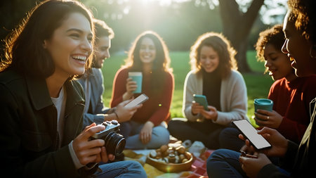 Group of friends having picnic in park, using mobile phones and drinking coffeeの素材