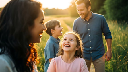 Happy family with two children walking in summer field. Mother, father and daughter.の素材