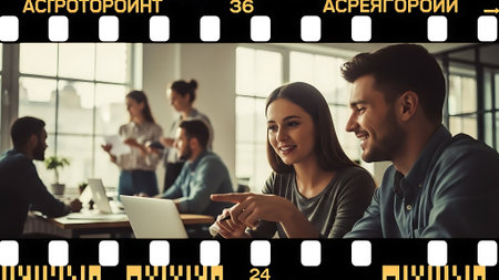 Film strip with people working in creative office. Film strip with copy space.の素材