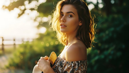 Portrait of a beautiful young woman on the beach at sunset.の素材
