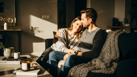 happy couple with cup of coffee sitting on sofa in living room at homeの素材
