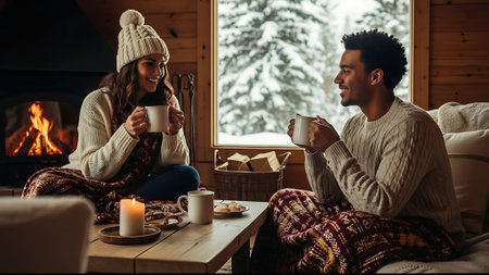 Beautiful young couple drinking hot tea in front of fireplace at homeの素材