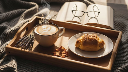 Coffee cup, croissant and book on wooden trayの素材