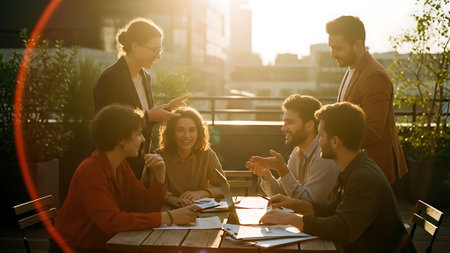 Group of young business people working and communicating together at the table outdoorsの素材