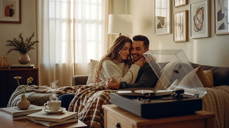 Couple in love sitting on a sofa in the living room at home and listening to vinyl recordsの素材