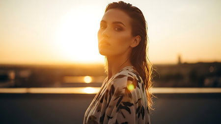 Portrait of a beautiful young woman on the roof at sunset.の素材