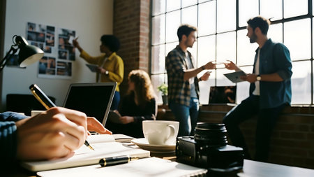 Close-up of male hands holding pen and using digital tablet while working in creative officeの素材