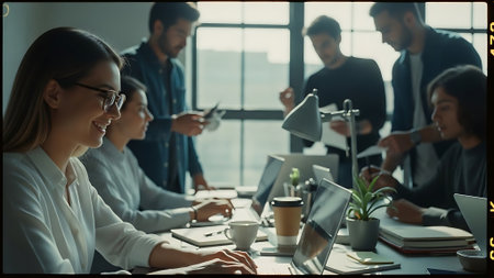 Group of young business people discussing business plan at modern startup office building.の素材