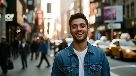 Portrait of a handsome young man smiling while walking in the streetの素材