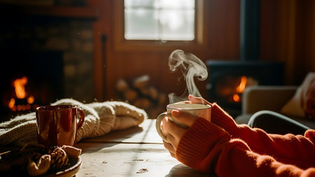 Woman in warm sweater holding cup of hot drink and warming up in front of fireplaceの素材