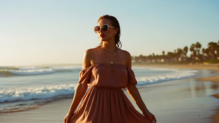 Beautiful young woman in a dress on the beach at sunset.の素材