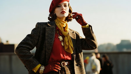 Fashionable young woman in red beret and coat posing on the roofの素材