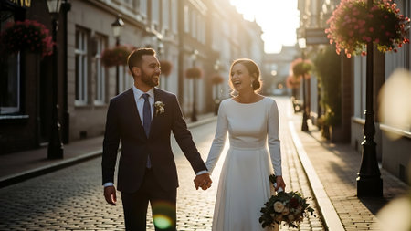 Beautiful wedding couple, bride and groom, walking in the cityの素材