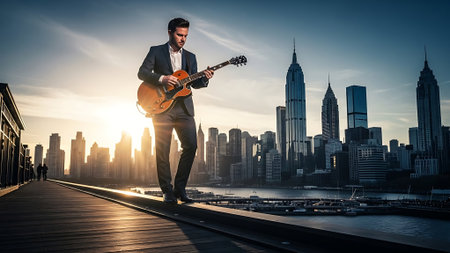 Man playing guitar on the bridge with skyscrapers in the backgroundの素材