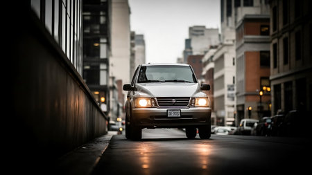 White car parked in the city. Blurred cityscape background.の素材