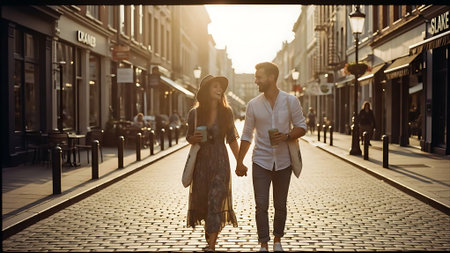 Young couple in love walking along the street of the city. A man and a woman are walking along the street.の素材