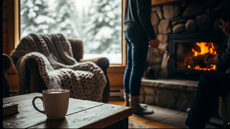 Cup of hot tea on a wooden table near the fireplace in the living room.の素材