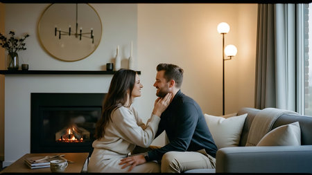 Couple in love sitting on sofa in front of fireplace at homeの素材