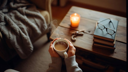 Female hands holding a cup of coffee and reading a book at homeの素材