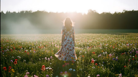Beautiful girl in a meadow of wild flowers at sunset.の素材