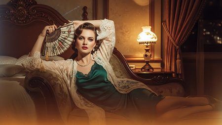 Portrait of a beautiful young woman in a luxurious interior. Retro style.の素材