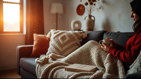 Young woman with cup of coffee sitting on sofa in living room at homeの素材