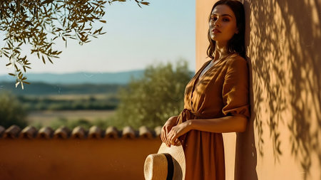 Portrait of a beautiful young woman in a brown dress and hat on the background of nature.の素材