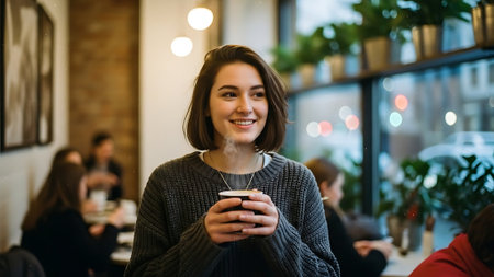 Smiling young woman holding cup of coffee while sitting in cafe.の素材