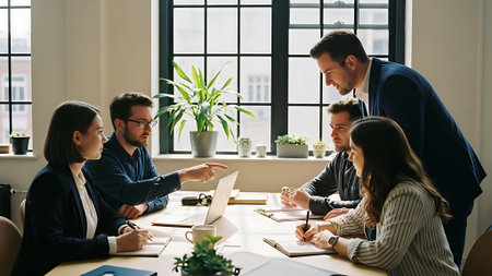 Group of business people working together in modern office. Teamwork concept.の素材