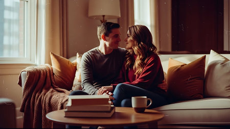 Young couple sitting on sofa in living room and looking at each otherの素材