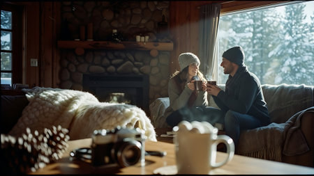 Young Couple Sitting On Sofa At Home In Winter, Drinking Coffee, Using Mobile Phoneの素材