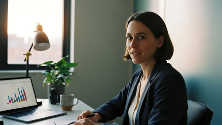 Portrait of a beautiful young businesswoman sitting at her desk in officeの素材
