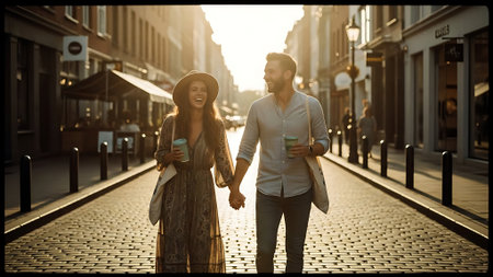Couple in love walking on a city street with coffee to goの素材