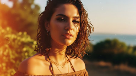 Beautiful young woman with curly hair on the beach at sunset.の素材