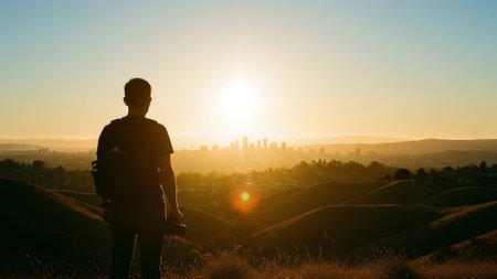 Silhouette of a man with a camera on top of a hill at sunsetの素材