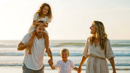 Portrait of happy family having fun on the beach at the day timeの素材