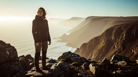 Beautiful woman standing on the edge of a cliff overlooking the oceanの素材