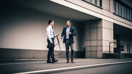 Two businessmen talking while walking on the street. Business people talking outdoors.の素材