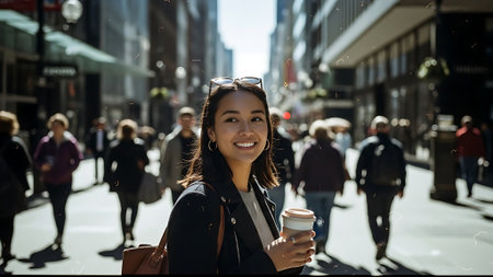 Portrait of smiling young woman holding takeaway coffee cup in the cityの素材