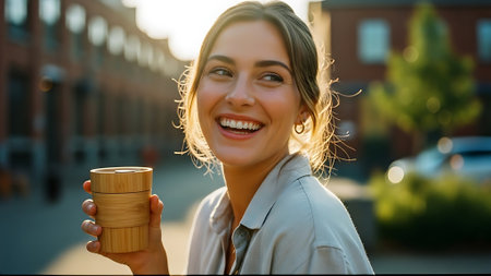 Portrait of a smiling young woman holding a cup of coffee outdoors.の素材