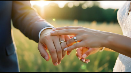 wedding rings on hands of the bride and groom in natureの素材