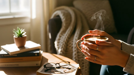 Close up of woman hands holding cup of hot coffee and reading book at homeの素材