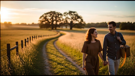 Romantic young couple walking in the field at sunset and holding handsの素材