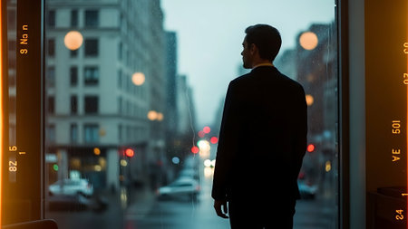 Businessman looking out of window in city at night, rear viewの素材