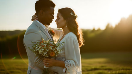 Beautiful bride and groom on the background of the setting sun.の素材