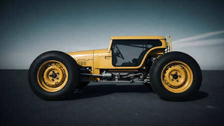 3D rendering of an old yellow truck on the road in the desertの素材