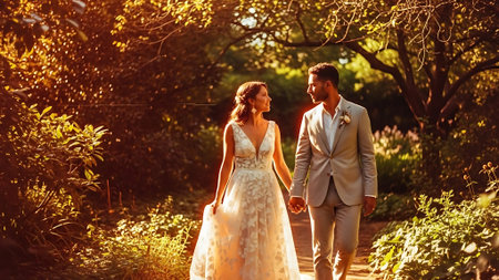 Bride and groom on their wedding day walking in the park holding handsの素材