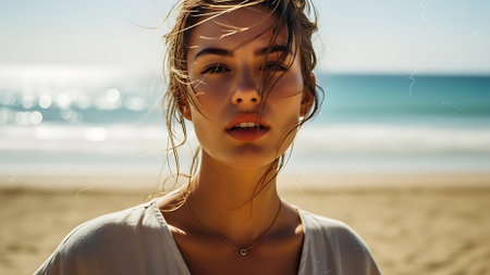 Beautiful young woman on the beach. Portrait of a girl on the beachの素材