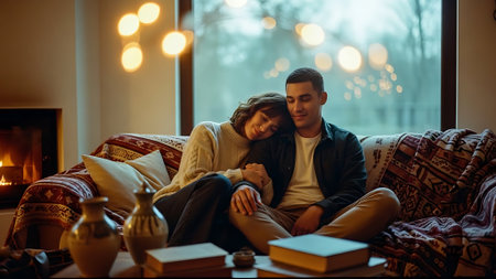 Young couple sitting on sofa in front of fireplace and reading book.の素材